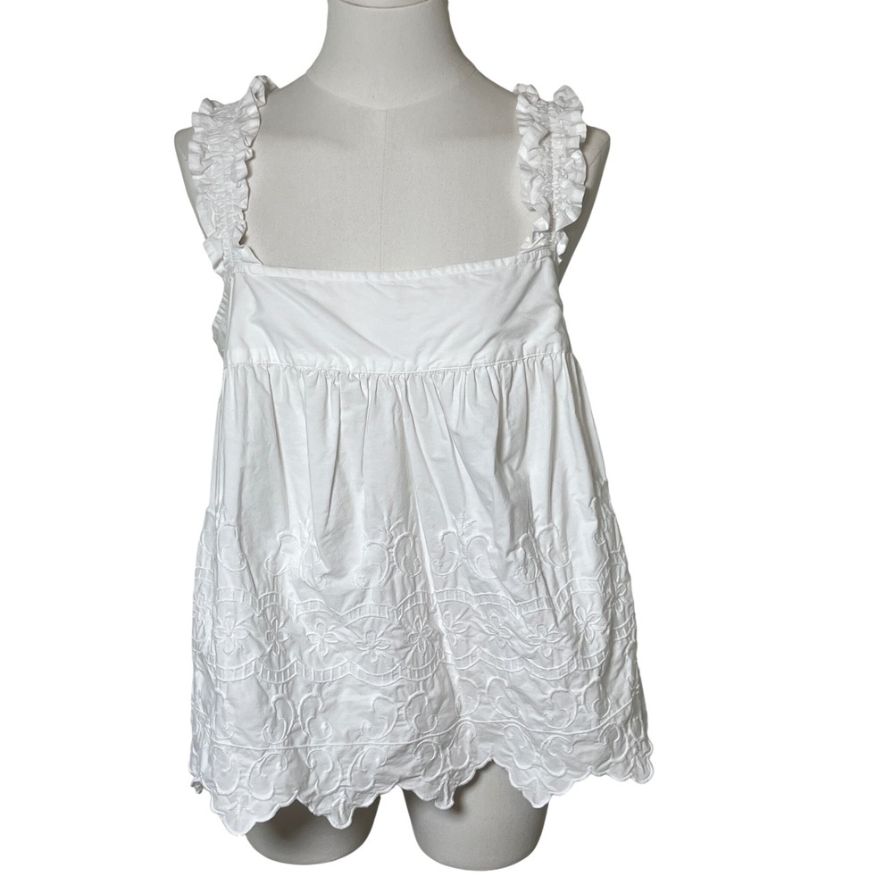 Free Assembly Cottagecore Eyelet Ruffle Babydoll Top White Cotton L 12 14